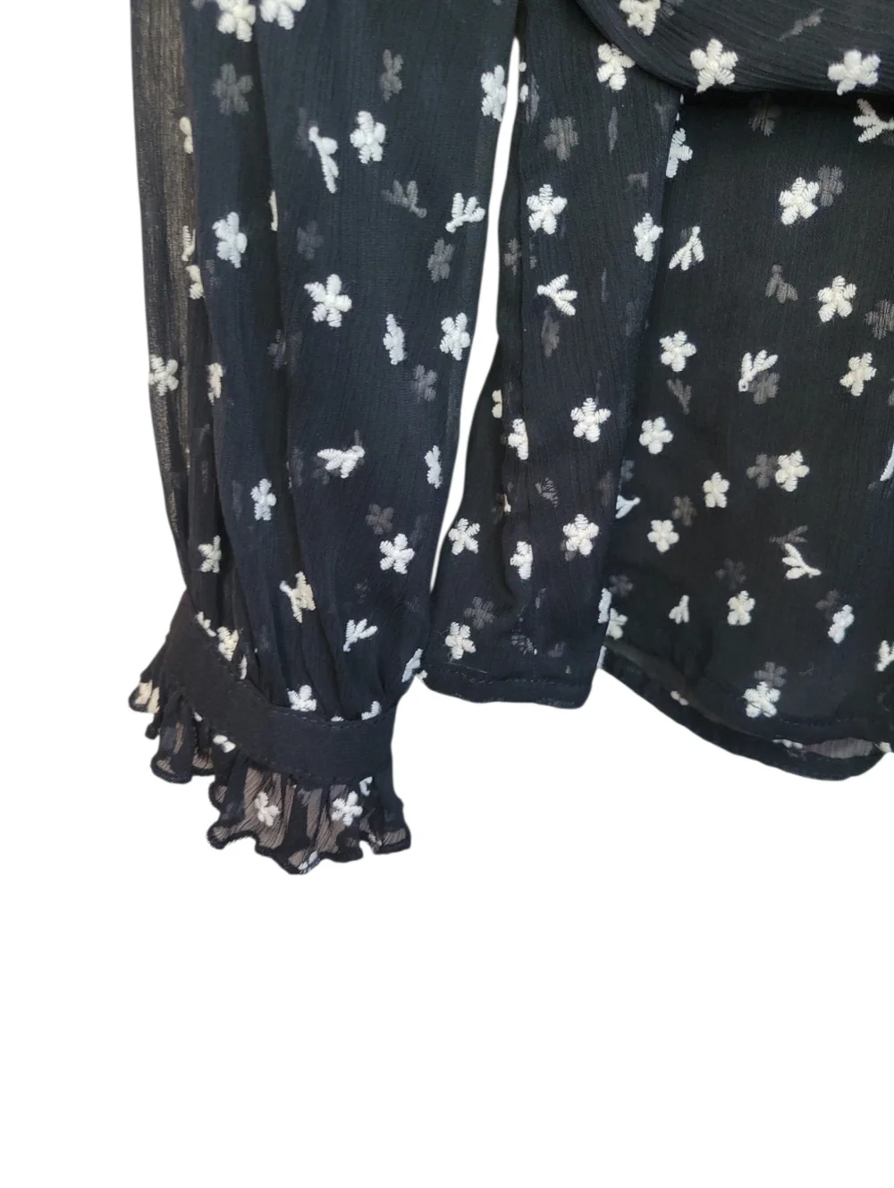 Zara Sheer Embroidered Blouse Small Black Floral Mesh Ruffle Neck Peplum Top - Picture 5 of 10